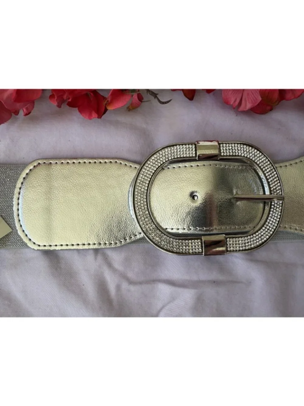 Women's Silver Stretch Wide Faux Leather Wide Fabric Belt Hook Bling Buckle S M